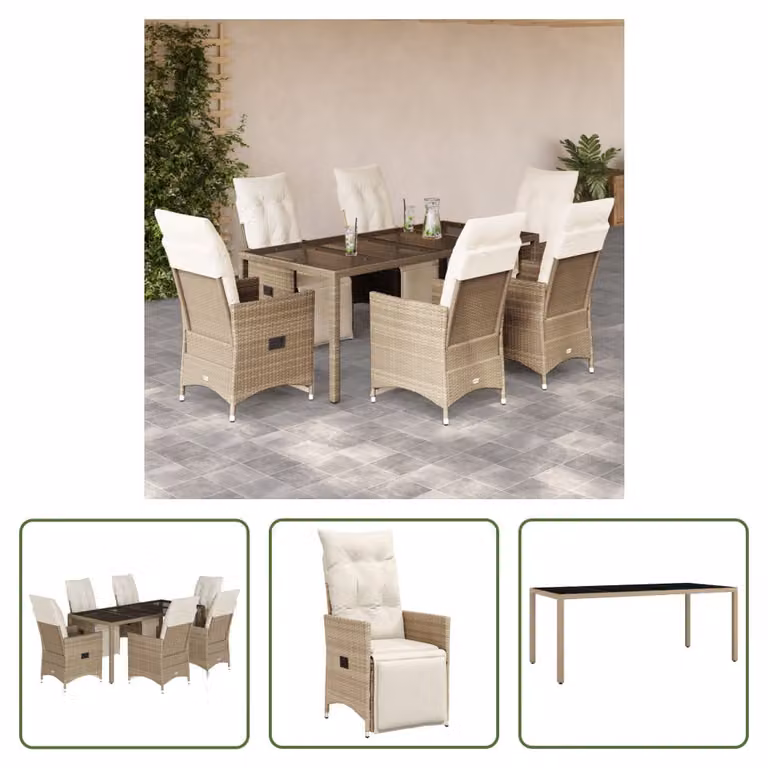 The Living Store Set bistrot da giardino 7 pezzi con cuscini Beige in poly rattan