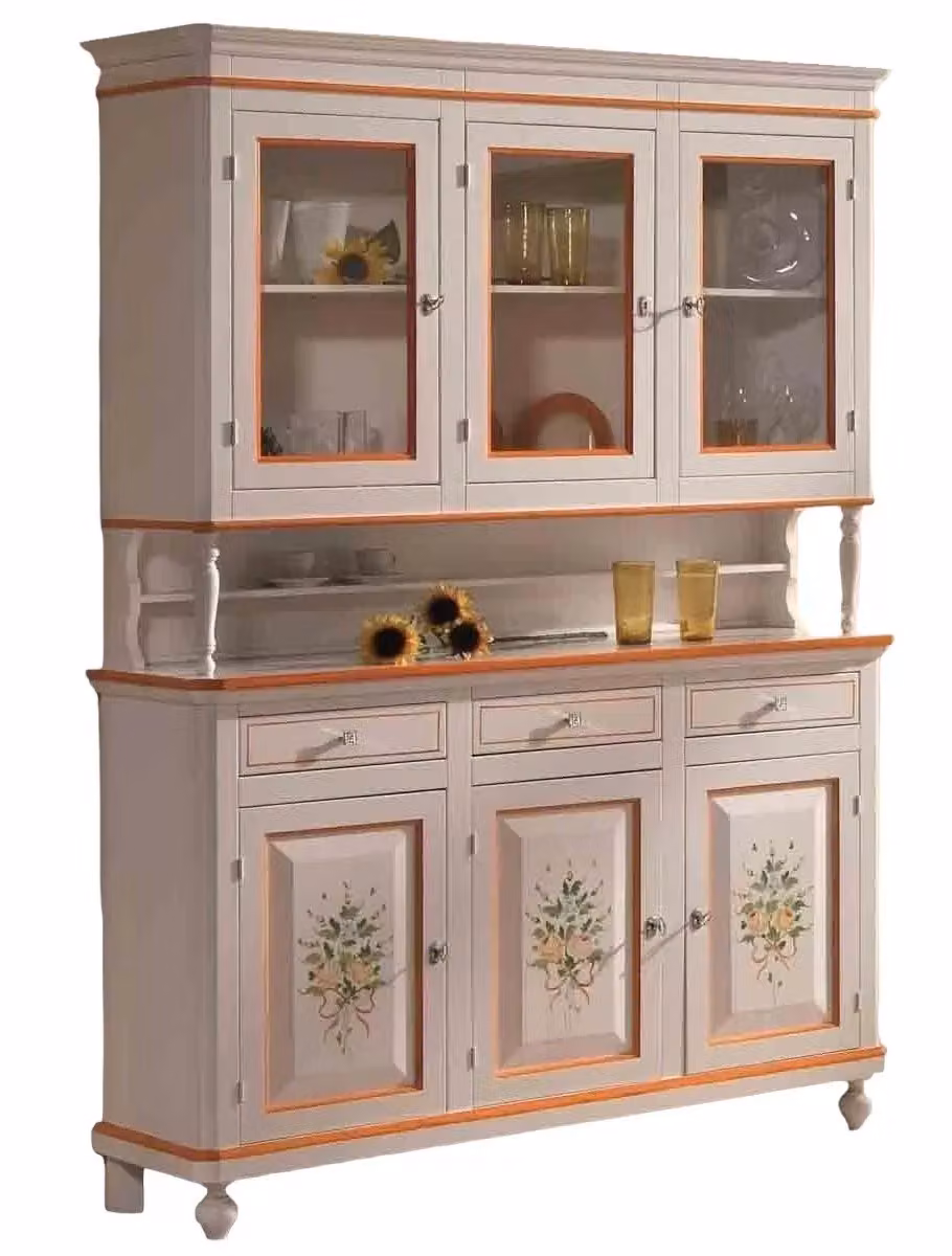 Cristalliera napoletana in legno con ante in vetro e decori floreali Mobili 2G L/P/H: 150 x 43 x 208 cm bianco e arancione – 1