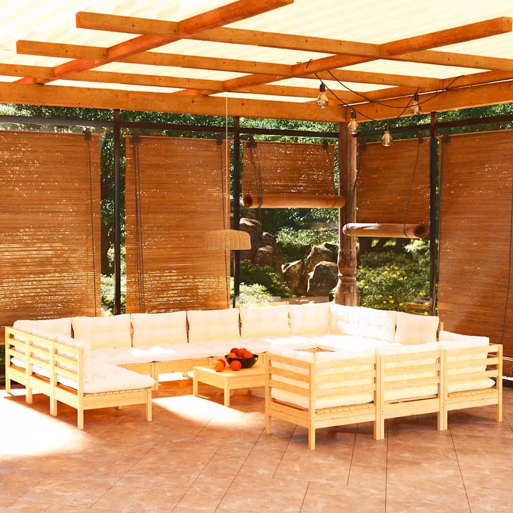 vidaXL Set Divani da Giardino 14 pz in Legno di Pino Massello con Cuscini Beige a Forma di U