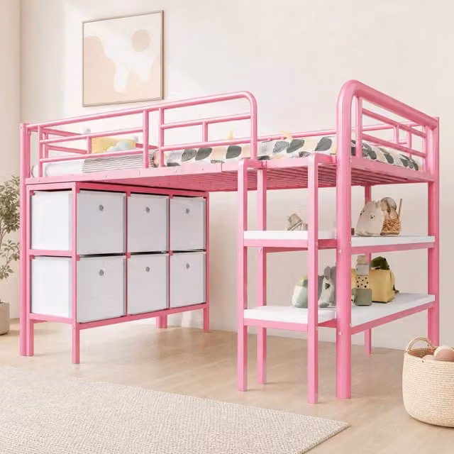 Letto a soppalco basso per bambini 90x200 cm in metallo rosa con cassetti e ripiani