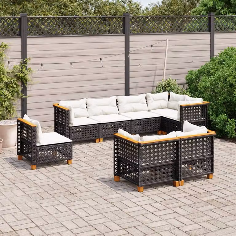 Set di Divani da Giardino vidaXL a Forma di L in Polyrattan con 8 Cuscini, Nero e Bianco