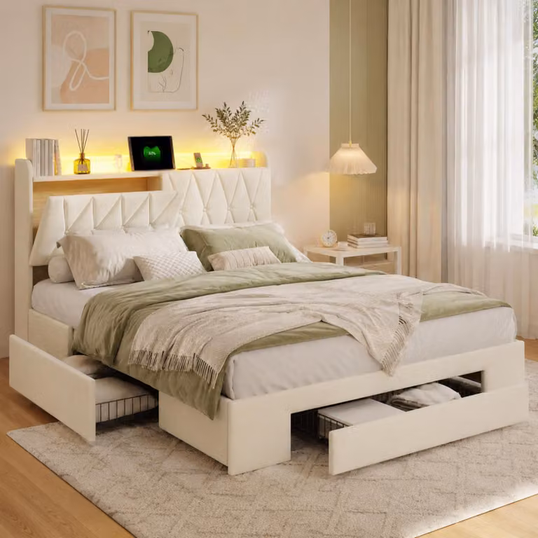 Letto a castello per ragazzi INONEFT, dimensioni 140x190 cm, letto imbottito con LED e porta USB Type-C, letto contenitore con 3 cassetti, rete a doghe e prese elettriche, tessuto velluto color beige