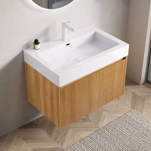 Mobile bagno con lavabo integrato e cassetto LED soft close in resina naturale e bianco
