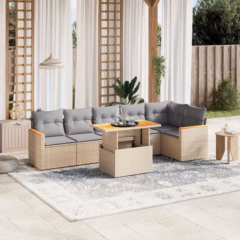 vidaXL Set Divani da Giardino 7 pz a Forma a L in Polyrattan con Cuscini Beige e Grigio e Tavolino da Esterno