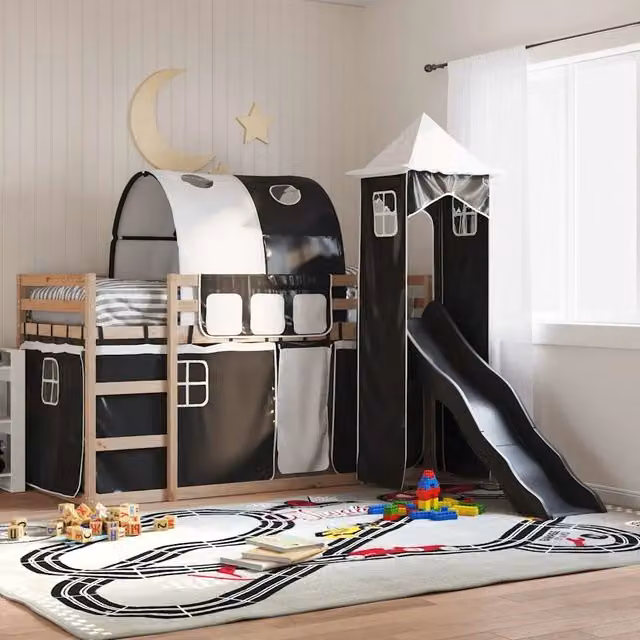 Letto a castello per bambini vidaXL in legno di pino con scivolo e tenda, Bianco, Nero e Antracite, L/P/H: 205.5 x 80 x 113 cm