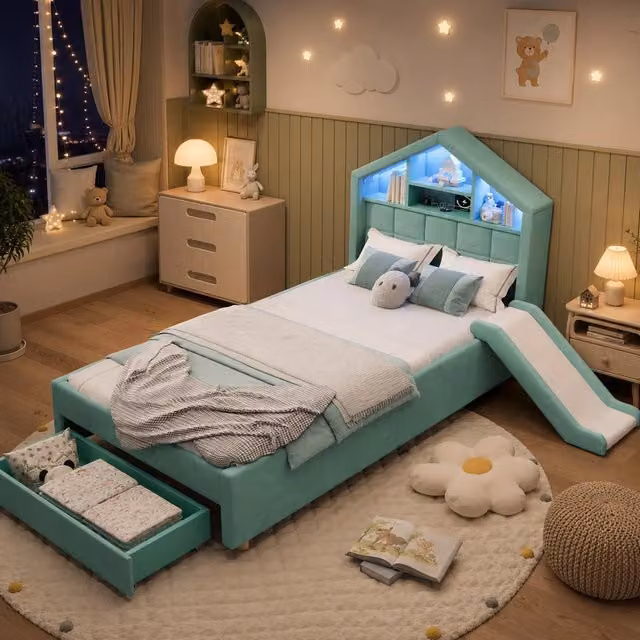 Letto bambini 90x200 cm con scivolo; velluto blu verde; testiera a casetta e LED