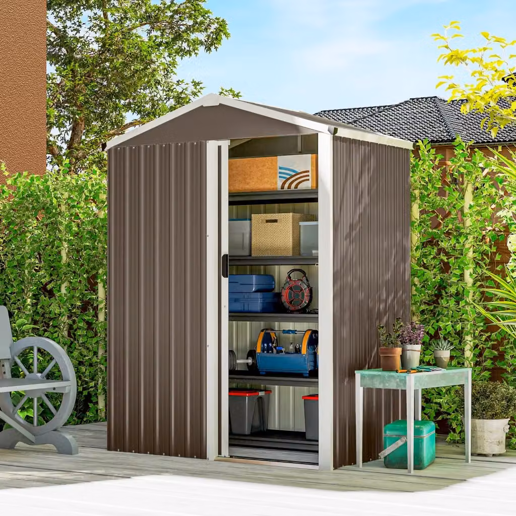 Casetta Box Porta Attrezzi da Giardino Giordanoshop in Acciaio Zincato Marrone L/P/H: 136 x 87 x 179 cm con Porta Scorrevole Bloccabile – 2