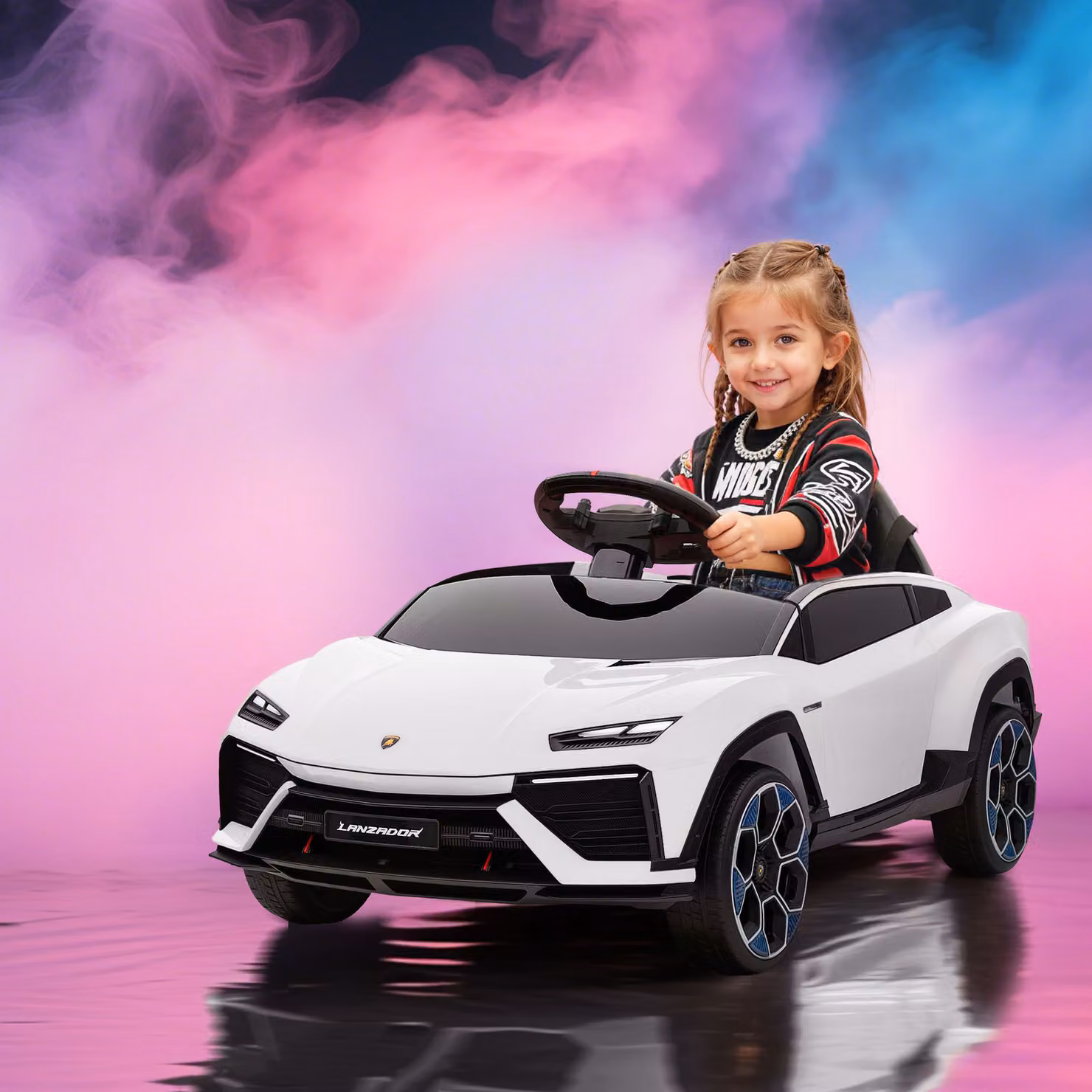 AIYAPLAY Macchina Elettrica per Bambini con Licenza Lamborghini, Clacson e Telecomando, Bianca, L: 101.5 cm, P: 49 cm, H: 43 cm – 2