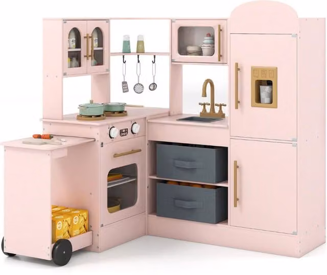 Cucina ad angolo interattiva in legno con luci e suoni, set da gioco con lavabo per bambini, colore rosa
