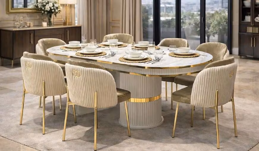 Tavolo da pranzo con 6 sedie, stile moderno, beige, forma ovale, pratico