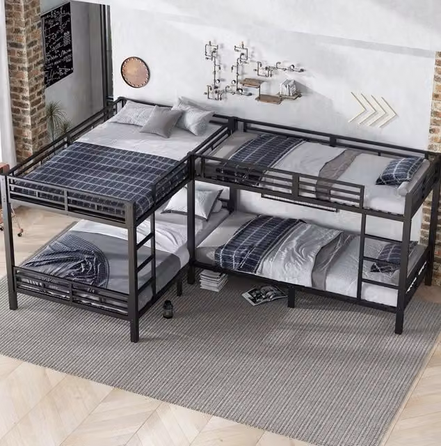Letto a castello in ferro nero 90x200 e 140x200 cm con scala a 3 gradini