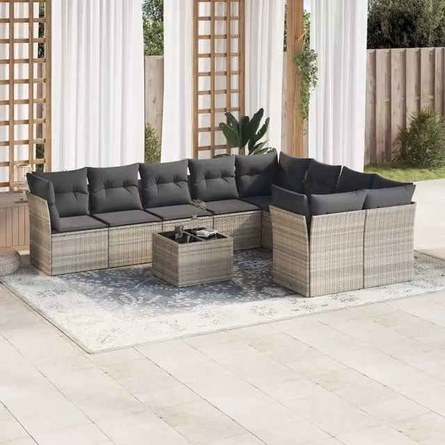 Set Divano Giardino 10 pz con Cuscini Grigio Chiaro Polyrattan 3218182