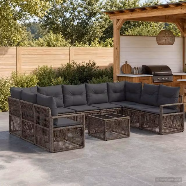 Set Divano da Giardino vidaXL a Forma a U in Polyrattan Grigio con Cuscini e Tavolino