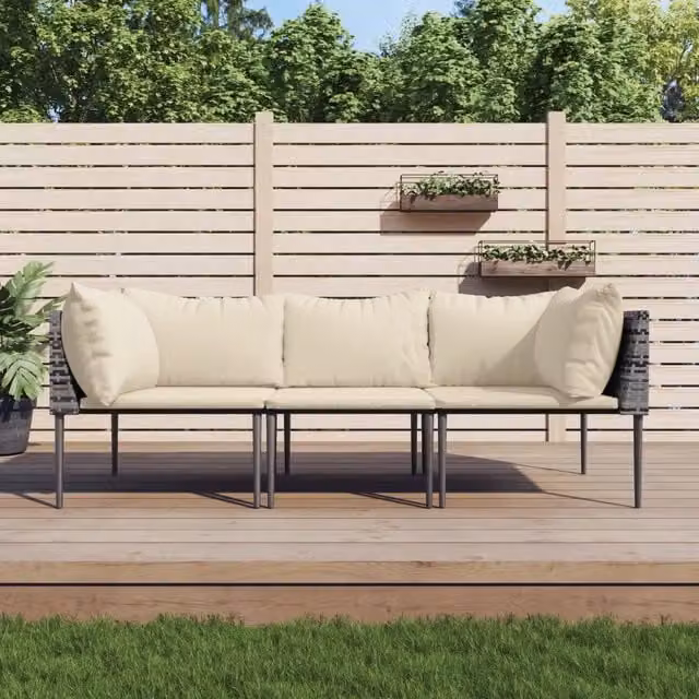 Set di divani da giardino a L vidaXL con cuscini in poliestere grigio e beige