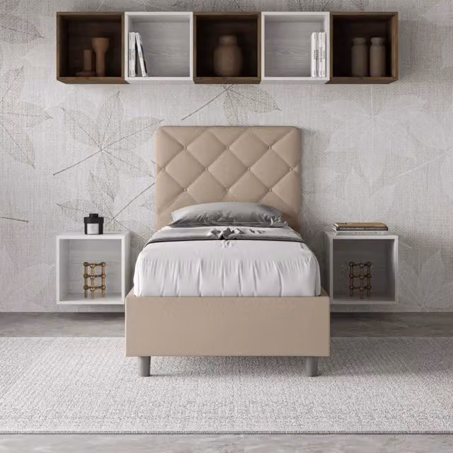 Letto singolo imbottito Priya Ityhome in similpelle color tortora, senza rete, 90x200 cm – 1