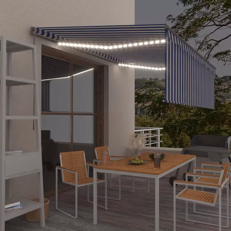 vidaXL Tenda Sole Retrattile Manuale con LED in Alluminio e Poliestere, L: 450 cm, P: 300 cm, Colore Blu e Bianco