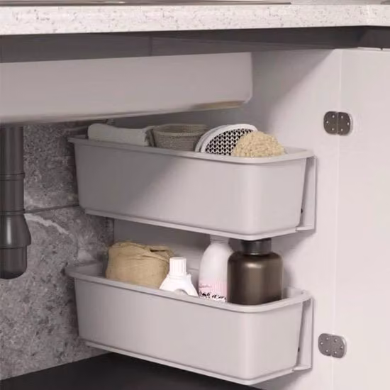 2 cassetti scorrevoli, organizzatore di armadi per cucina o bagno, cassetti estensibili sotto lavabo, organizzatore di armadi, fissaggio alla parete, cassetti scorrevoli per spezie, scorte (grigio)