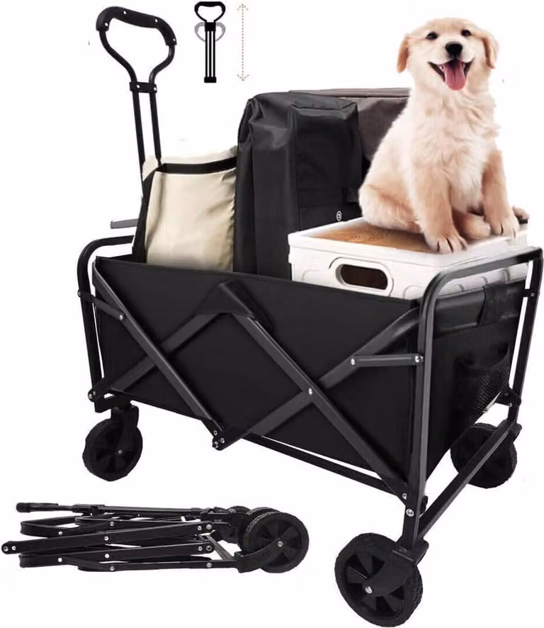 Carrello a mano AIORBER, pieghevole, telaio in tubolare d'acciaio, regolabile in altezza, ruote girevoli a 360°, portata fino a 100 kg, per spiaggia, campeggio, 100x51x75cm, nero