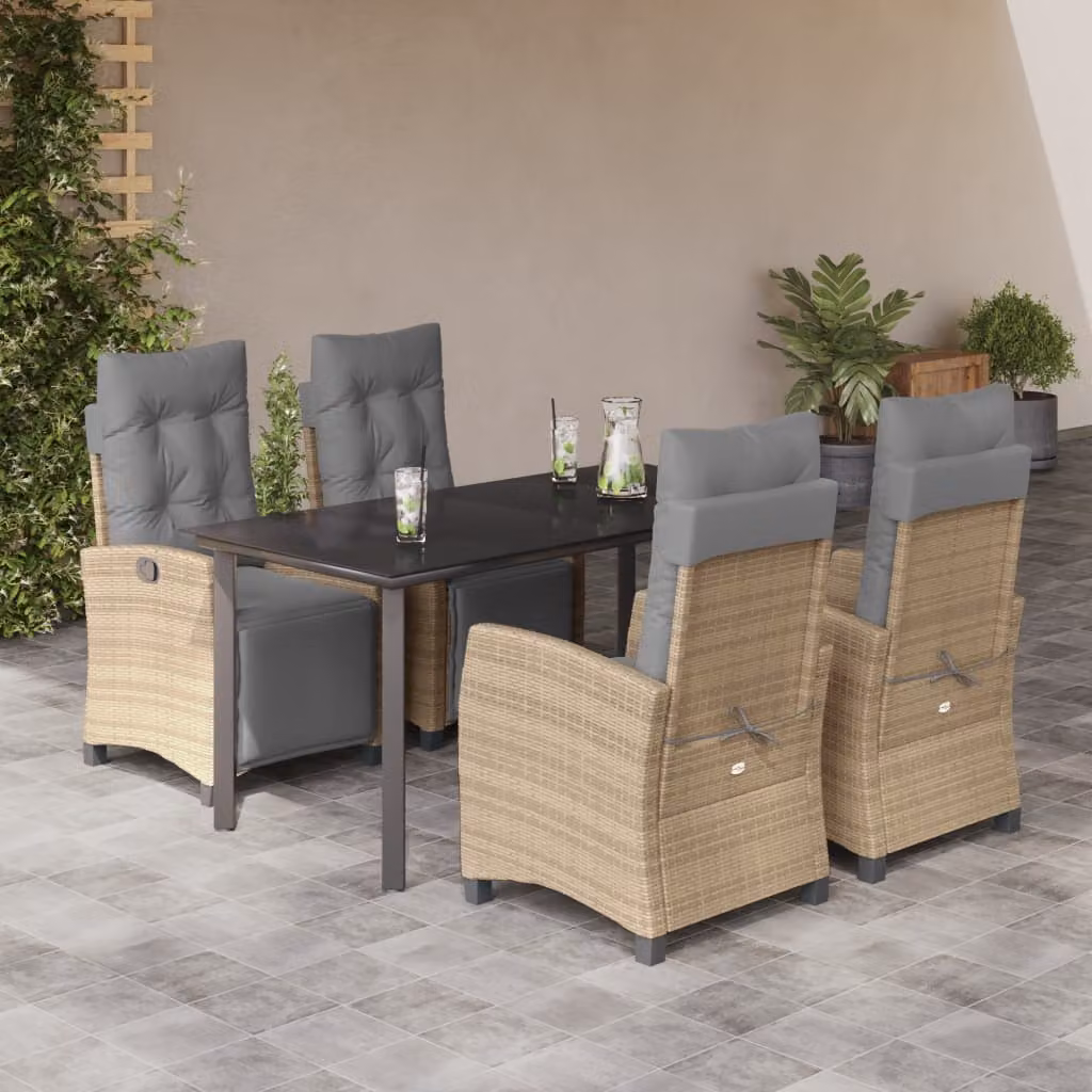 Set Pranzo da Giardino vidaXL in Polyrattan con Cuscini Beige Misto e Tavolo in Vetro per 5 Persone – 1