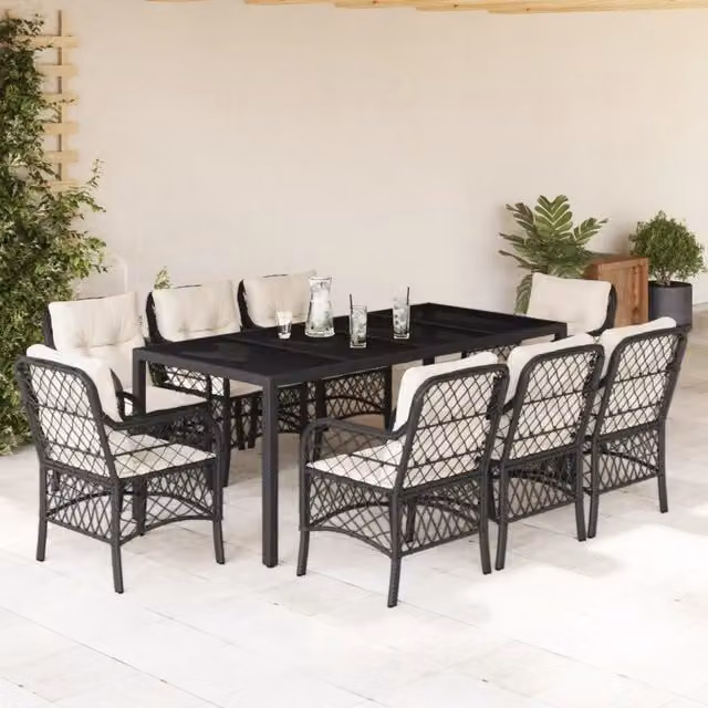 Set da pranzo da giardino vidaXL in polyrattan nero e bianco con tavolo in vetro, 9 pezzi