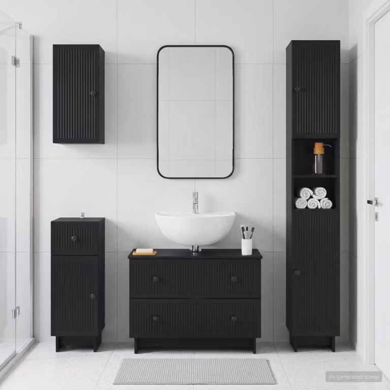 Set di mobili da bagno moderno vidaXL EDE composto da 4 pezzi in legno nero opaco con mobile sottolavabo e pensili a parete