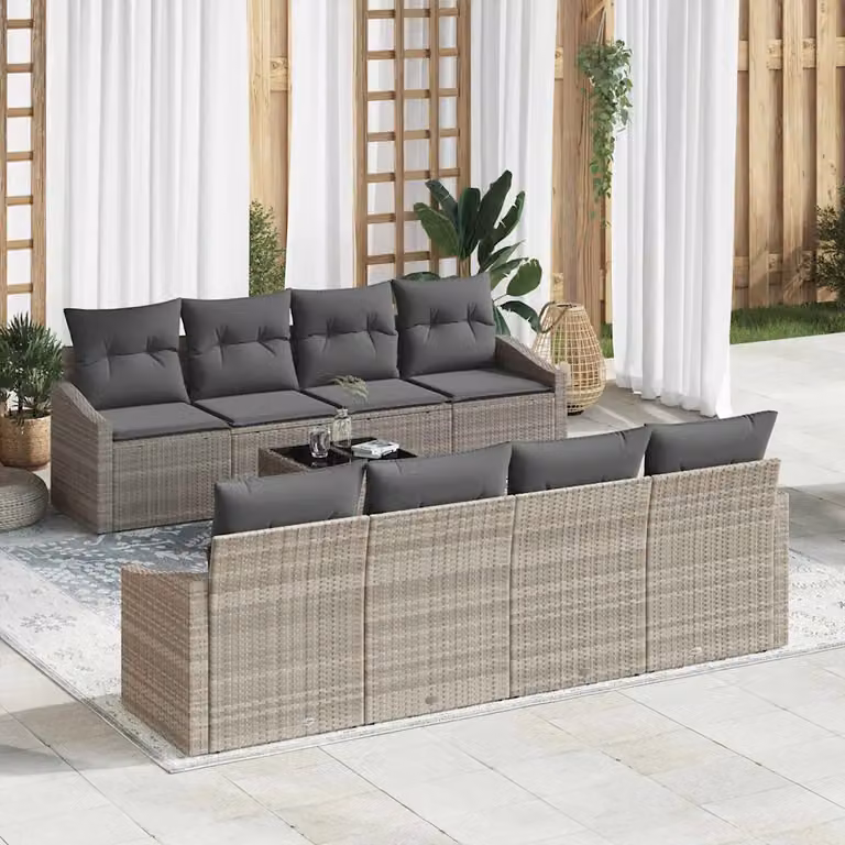 Set di divani da giardino vidaXL a forma di U composto da 7 pezzi in rattan con struttura in acciaio e cuscini inclusi, colore grigio
