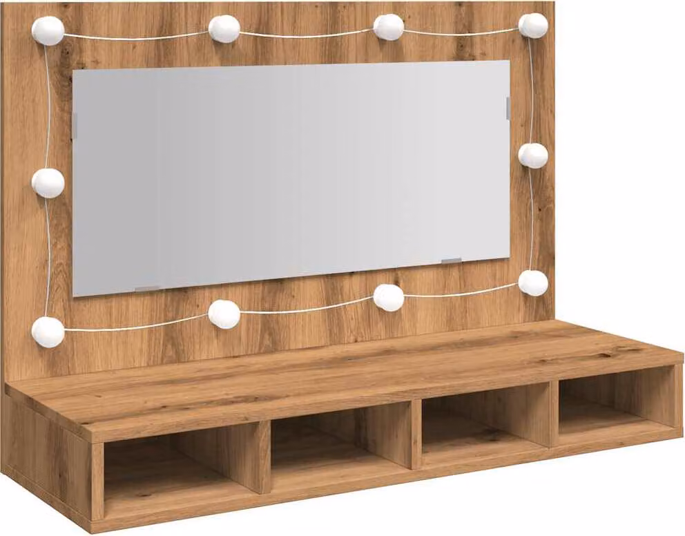 Mobiletto a specchio con LED in rovere artigianale 90x31,5x62 cm