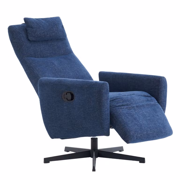 Poltrona TV in velluto con poggiapiedi, schienale reclinabile da 110° a 150°, struttura in metallo girevole a 360°, cuscino ergonomico per la testa, portata massima di 110 kg, colore blu