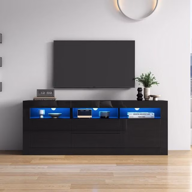 Mobile TV con LED e Cassetti ¨C MINIMAL ¨C 160x35x60 cm, Lucido, 2 Ante, 70 Pollici
