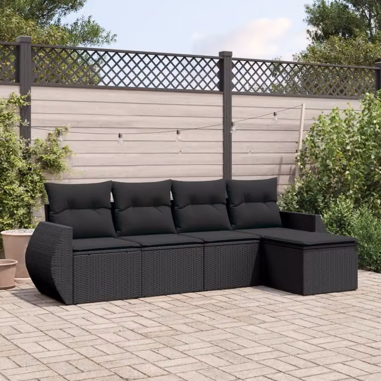 Set di Divani da Giardino vidaXL a Forma di L con Cuscini, 5 Pezzi, Nero
