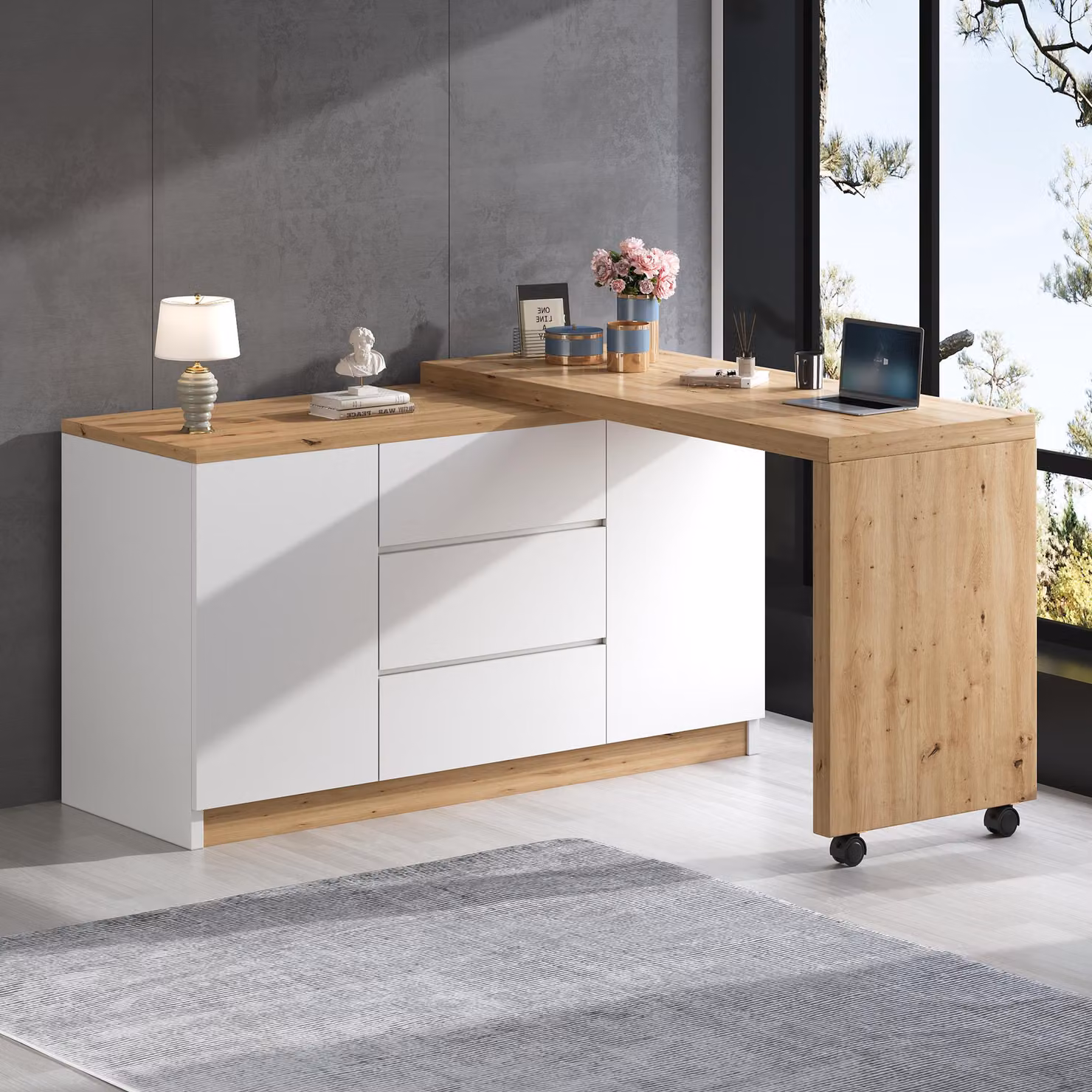 Scrivania con rotelle, piano girevole, bloccabile, pieghevole, scrivania angolare, mobile contenitore (in rovere, bianco)