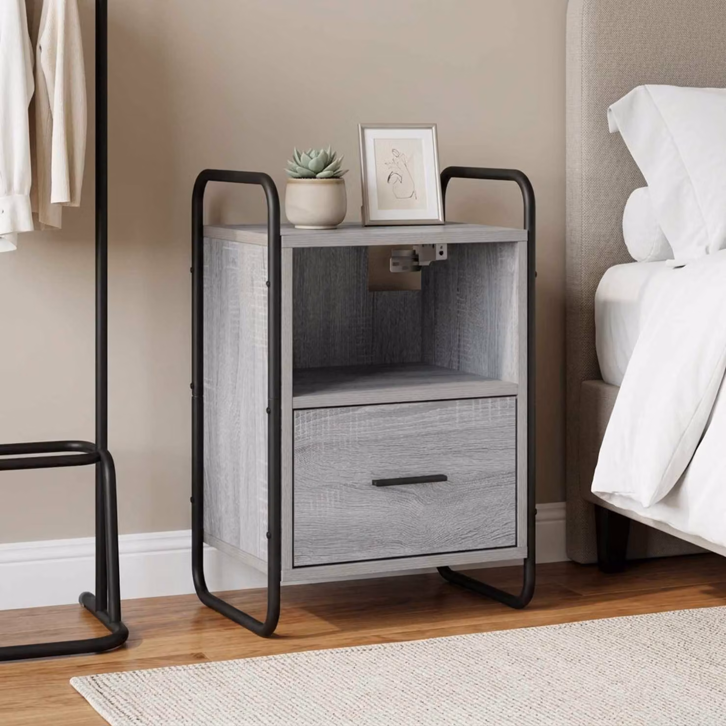 vidaXL Mobiletto da Letto Appeso Moderno in MDF e Metallo, Grigio e Nero, L: 40 cm, P: 30 cm, H: 60 cm