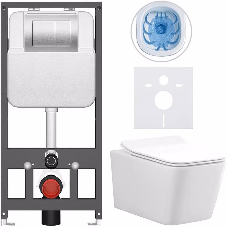 CERANO - Set WC da incasso Forte - bianco lucido - pulsante Prime/Maxio, argento - sospeso - installazione pre-parete/cartongesso - 51x36 cm