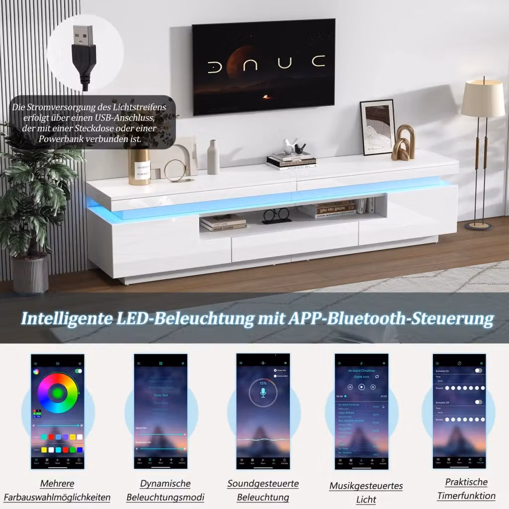 Mobile TV REDOM moderno in legno bianco lucido con illuminazione LED integrata, L 175 cm x P 38 cm x H 45 cm – 2
