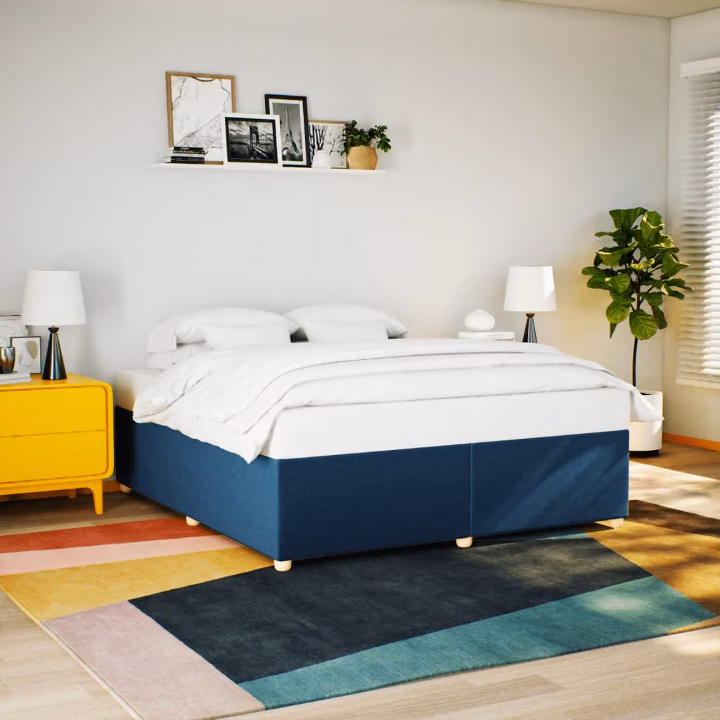 vidaXL Giroletto senza materasso in tessuto blu con doghe in legno 200 x 200 cm – 1