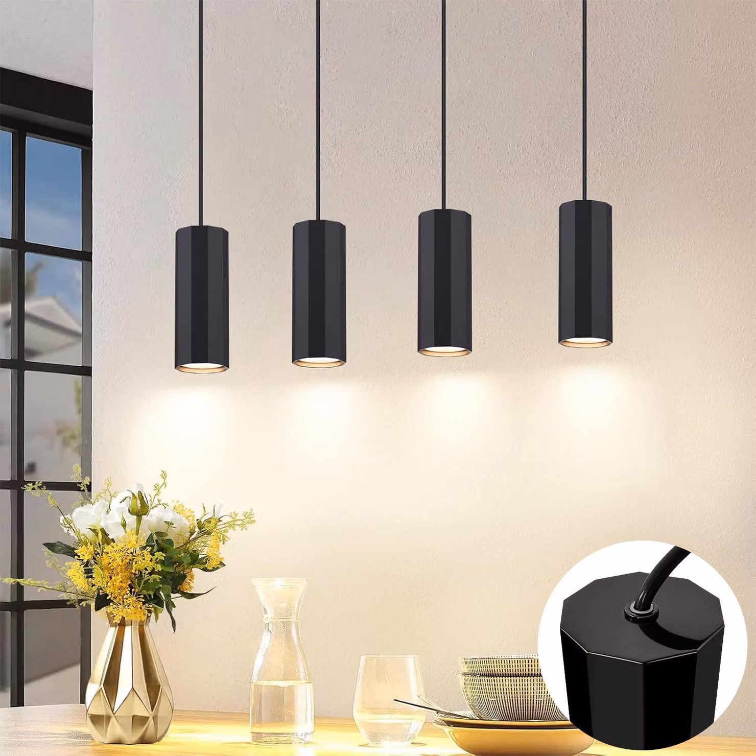 Lampada a sospensione ZMH, ideale per tavoli da pranzo, lampada per sala da pranzo, lampada a sospensione a 4 luci, colore nero, metallo, attacco GU10, design moderno, lampada a sospensione per soggiorno, cucina, camera da letto