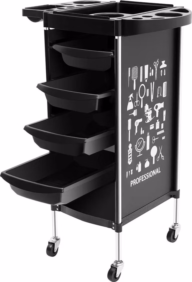 Carrello da salone - Carrello da parrucchiere - 4 cassetti - 6 ripiani - Coperchio ribaltabile - 4 ruote piroettanti - 37×34×88 cm - 30–50 kg - Nero