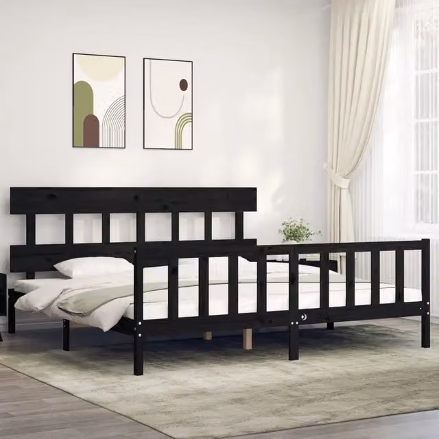 Giroletto con Testiera-Struttura Letto con testiera Nero 200x200 cm in Legno Massello 219820