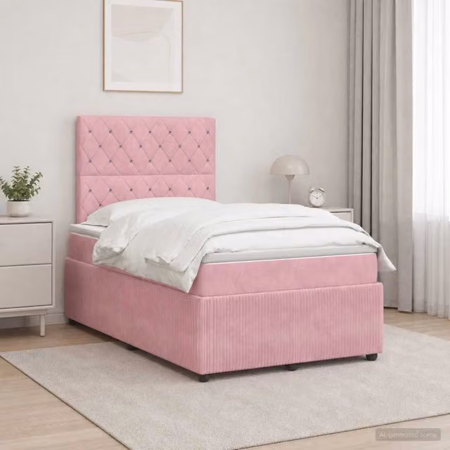 Letto box spring con materasso ibrido vidaXL in velluto rosa e bianco L/P: 120 x 200 cm