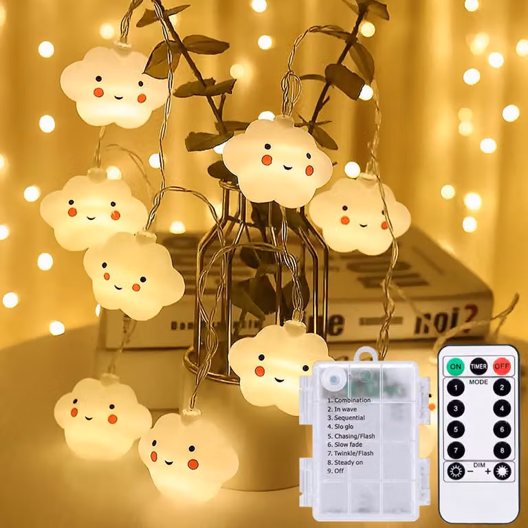 Catena luminosa a forma di nuvole, lunghezza 3 metri, 20 LED, con timer, telecomando e 8 modalità di illuminazione
