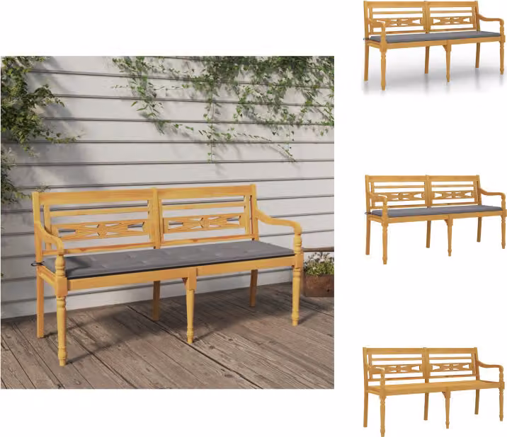 vidaXL Panca Batavia con cuscino grigio 150 cm in teak massiccio - Panche da giardino