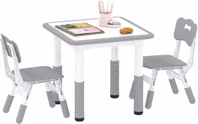 Set Tavolo e 2 Sedie per Bambini XYLO Regolabili in Altezza, Bianco e Grigio