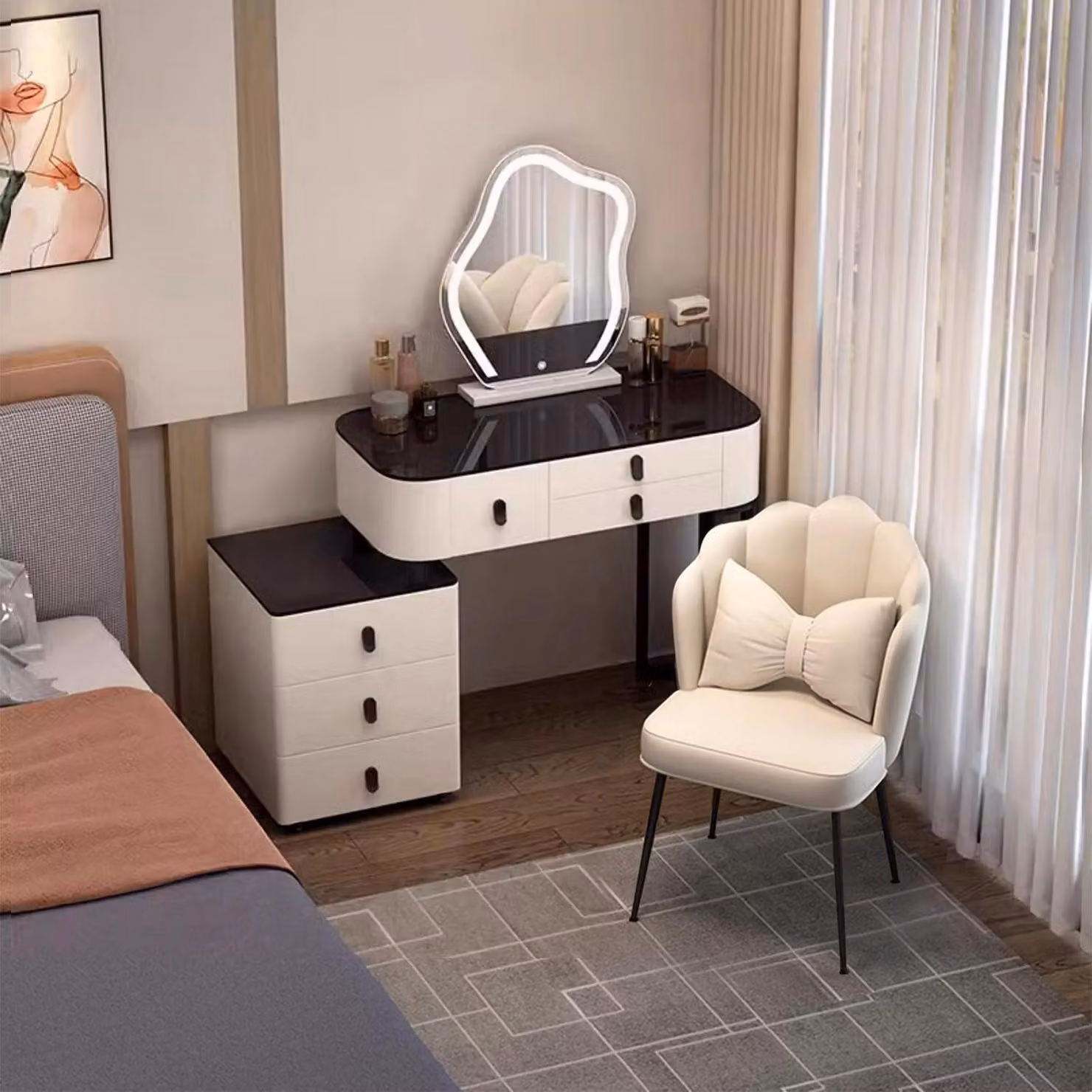 Comò da trucco con specchio a LED e poltrona in velluto, 80 cm, vetro bianco, 6 cassetti, legno massello