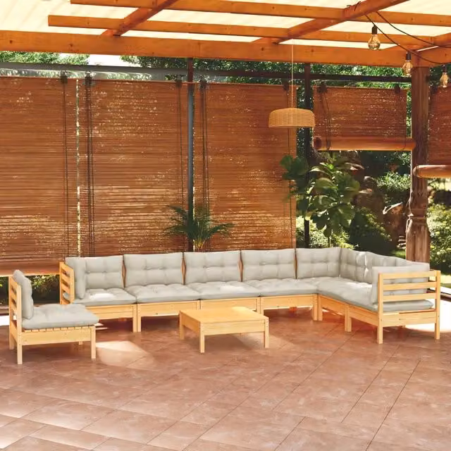 Set Divani da Giardino 9 pz con Cuscini Crema Massello di Pino 3096737