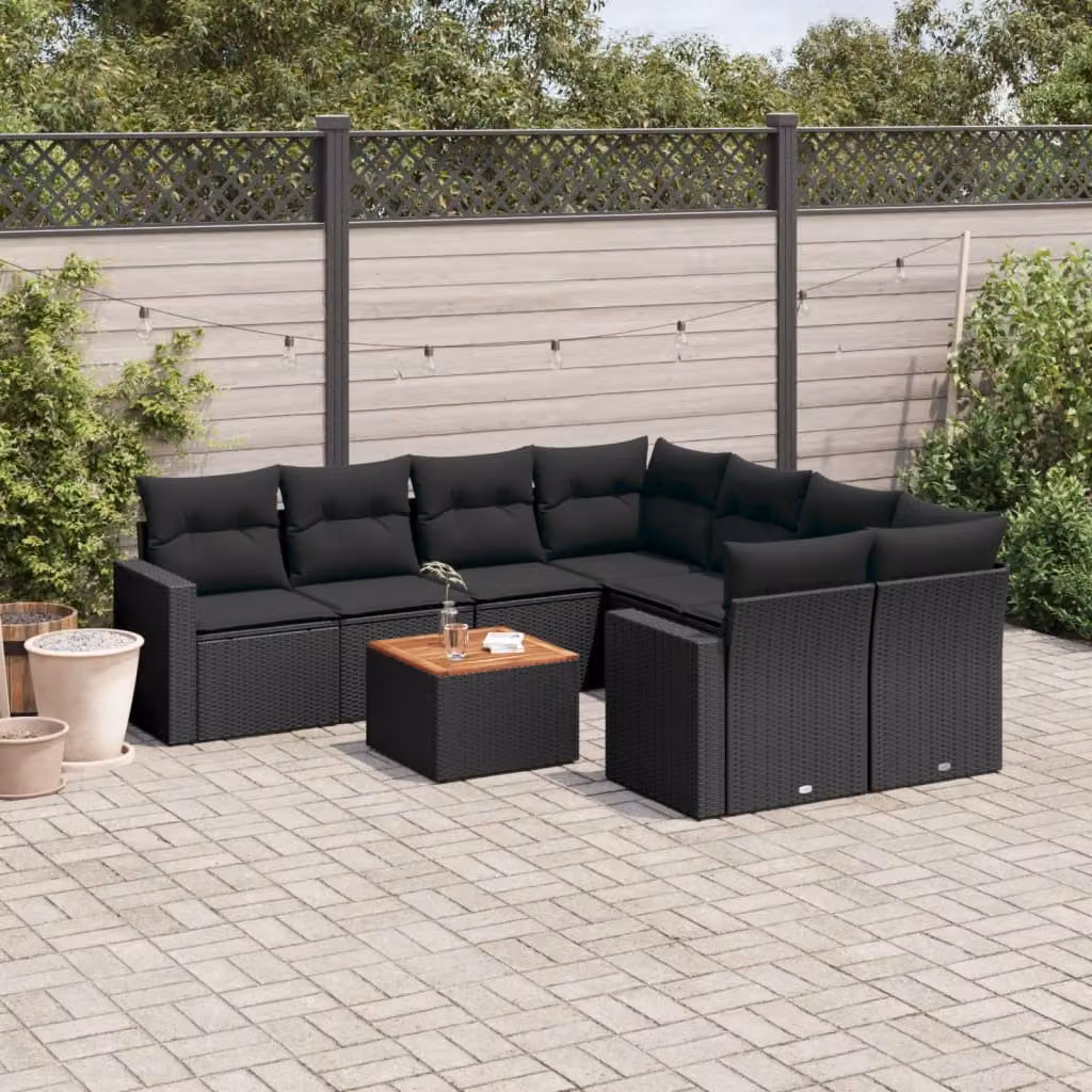 Set di divani da giardino vidaXL in polyrattan nero con cuscini, tavolino e poltrone per esterno – 1