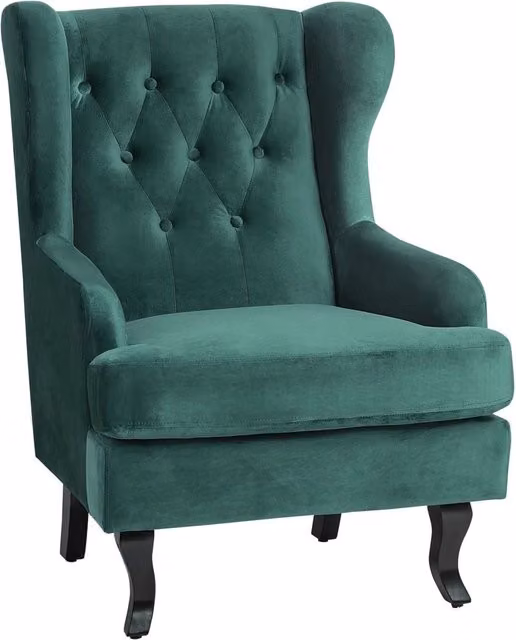Sedia Wingback BELIANI in velluto verde con gambe in legno massello e braccioli, stile scandinavo glamour, H: 85 cm, L: 72 cm, P: 102 cm – 1