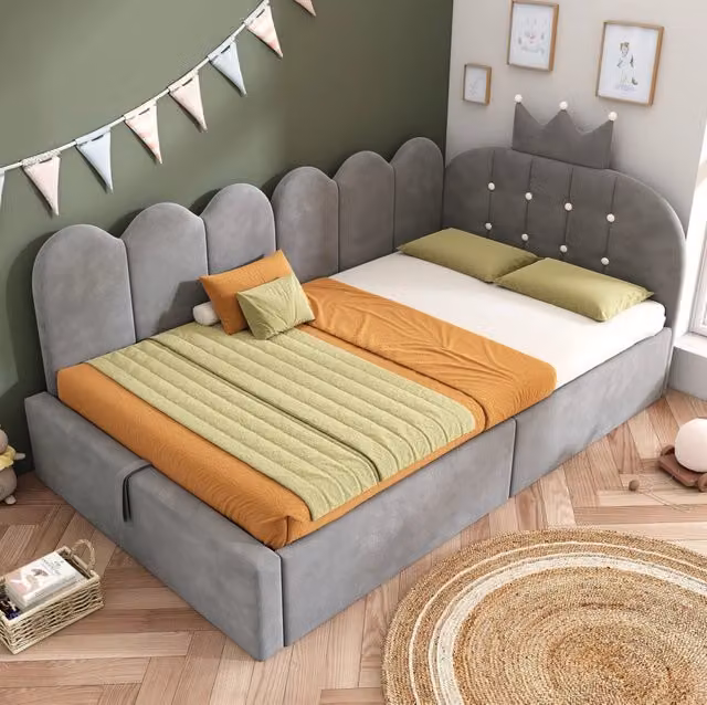 Letto da giorno ULEVR 90x190 cm con contenitore idraulico, design corona e griglia, velluto grigio