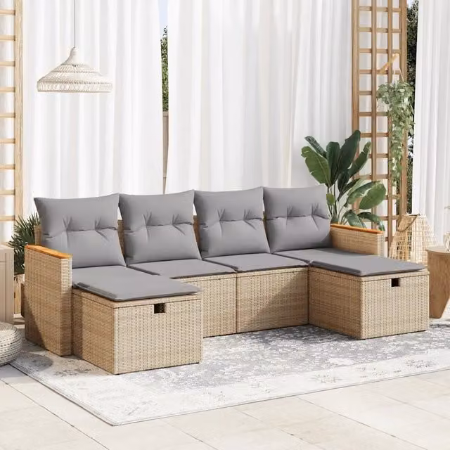 Set Divano da Giardino a L vidaXL in Polyrattan con Cuscini Beige e Grigio, 6 Pezzi