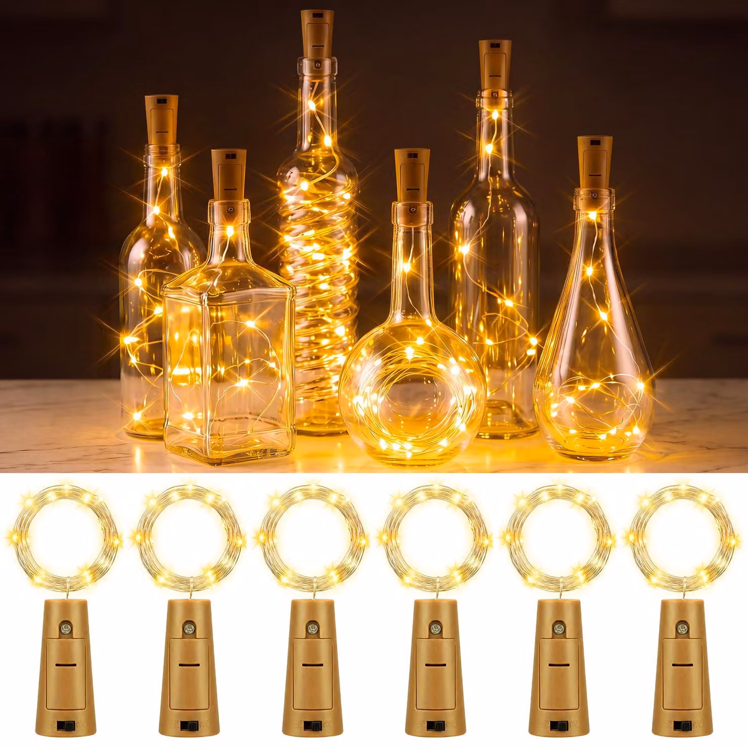 Set di 6 catene luminose a LED, lunghezza 2 metri, 20 LED, luce bianco caldo, alimentazione a batteria
