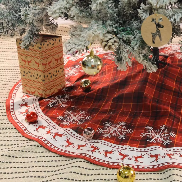 Copri albero di Natale rosso con motivo a fiocchi di neve, marca Ren, 120 cm